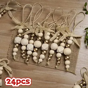 24pcs Bohemian Style Wooden Bead Christmas Tree Ornaments, Natural Wood Beads with Golden Beads and Bows - Farmhouse Style Hanging Decor for Wreaths, Holiday Trees, Floral Arrangements, Wedding Decor Accessories, Vintage Charm, Handcrafted,