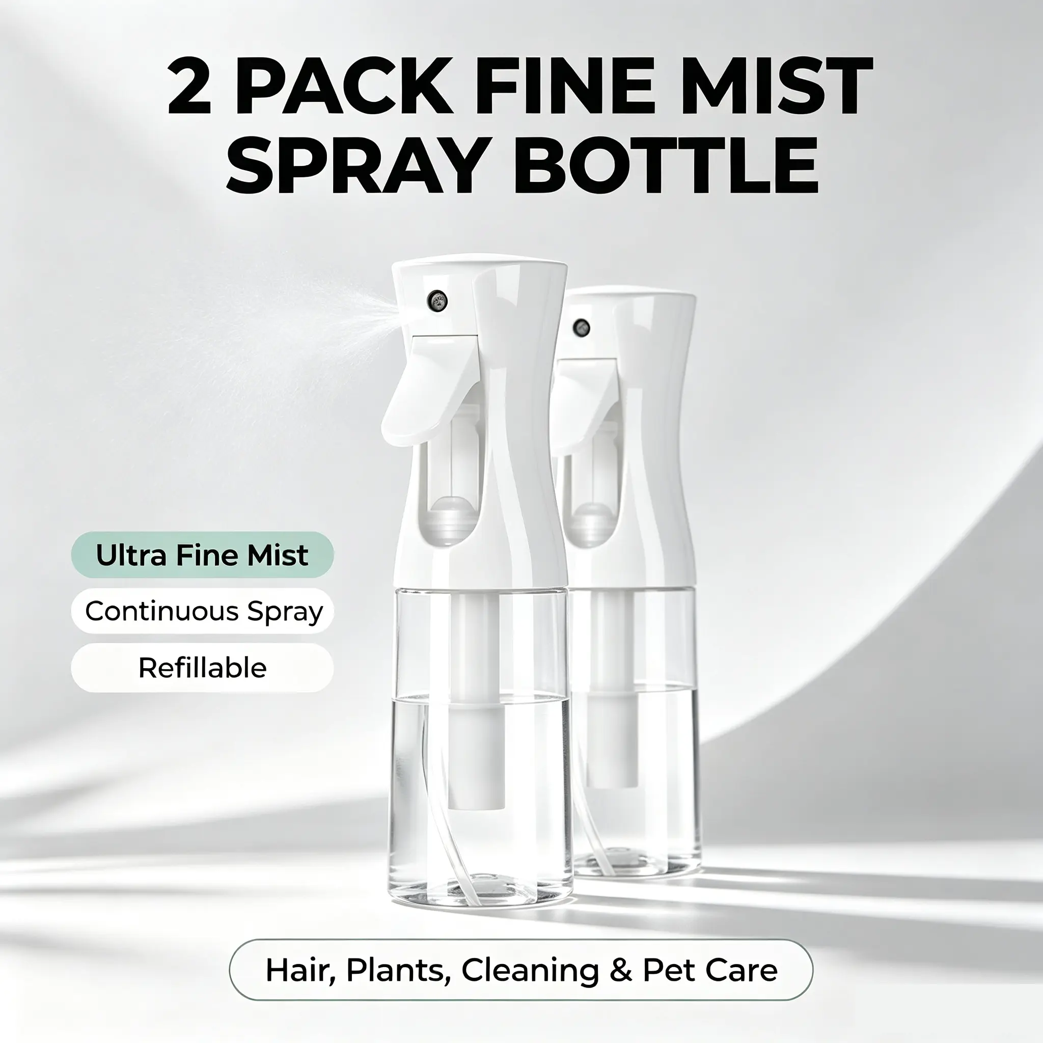 2 Pack Continuous Spray Bottle with Ultra Fine Mist – Ideal for Hair Styling, Plant Care, Household Cleaning & Pet Grooming