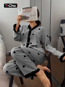 Elegant Women's Sleepwear Set, Heart Pattern V-Neck Long Sleeve Top and Pants, Lightweight Loose Home Clothing, Comfortable Nightwear, Pajama Set, Homewear