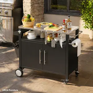 Black ARCH Multifunctional Sturdy Portable Outdoor-Indoor BBQ Grill Cart - 37.9x18.1in, 2 Doors, Stainless Steel Cabinet, Heavy-Duty Legs, Rolling Wheels, Organizer Hooks, Spice Rack, Storage Table, Movable Layer, Easy Installation, Patio Home Organizer