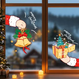 2 Pieces Christmas Glass Stickers for Decorations, 45cm by 60cm PVC Static Clings with Golden Jingle Bells and Mini Christmas Tree, Removable Holiday Party Decor