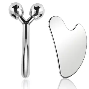 Face Massage, Metal Face Roller Gua Sha Facial Tools for Face Neck Eye Body Skin Care, Facial Roller Gifts for Her, Women and Girl 2Pcs Comfort