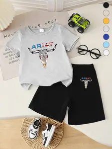 Summer Boys' T-Shirt Short Sleeve Set, Ariat Letter Print, Vintage Cow Head Design, Casual Trendy, Comfortable Breathable Shorts