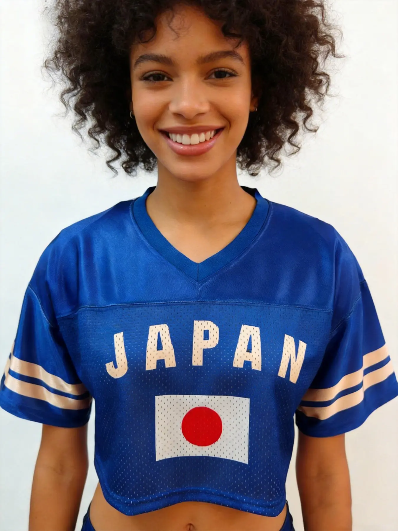 Women's Japan Cropped Football Jersey, Blue V-Neck Mesh Crop Top, Japanese National Team Soccer Fan Shirt for Game Day & Streetwear, Breathable Athletic Top, Short Sleeve Jersey, Football Shirts