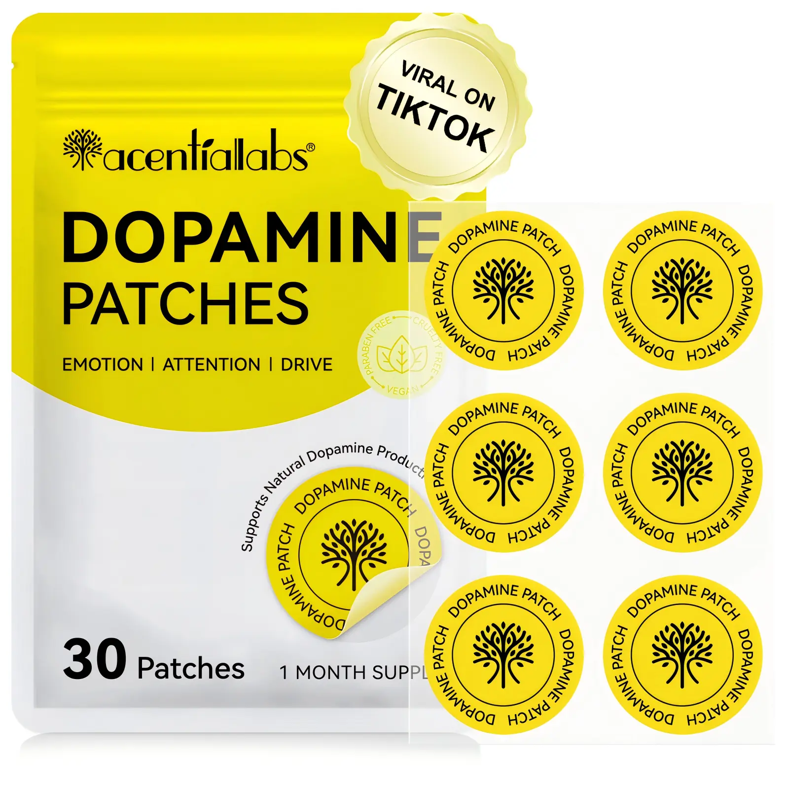 Acentiallabs Dopamine Patches 30pcs | Natural Mood Boost & Focus | Clarity & Energy Support | Easy Daily Wellness Supplement