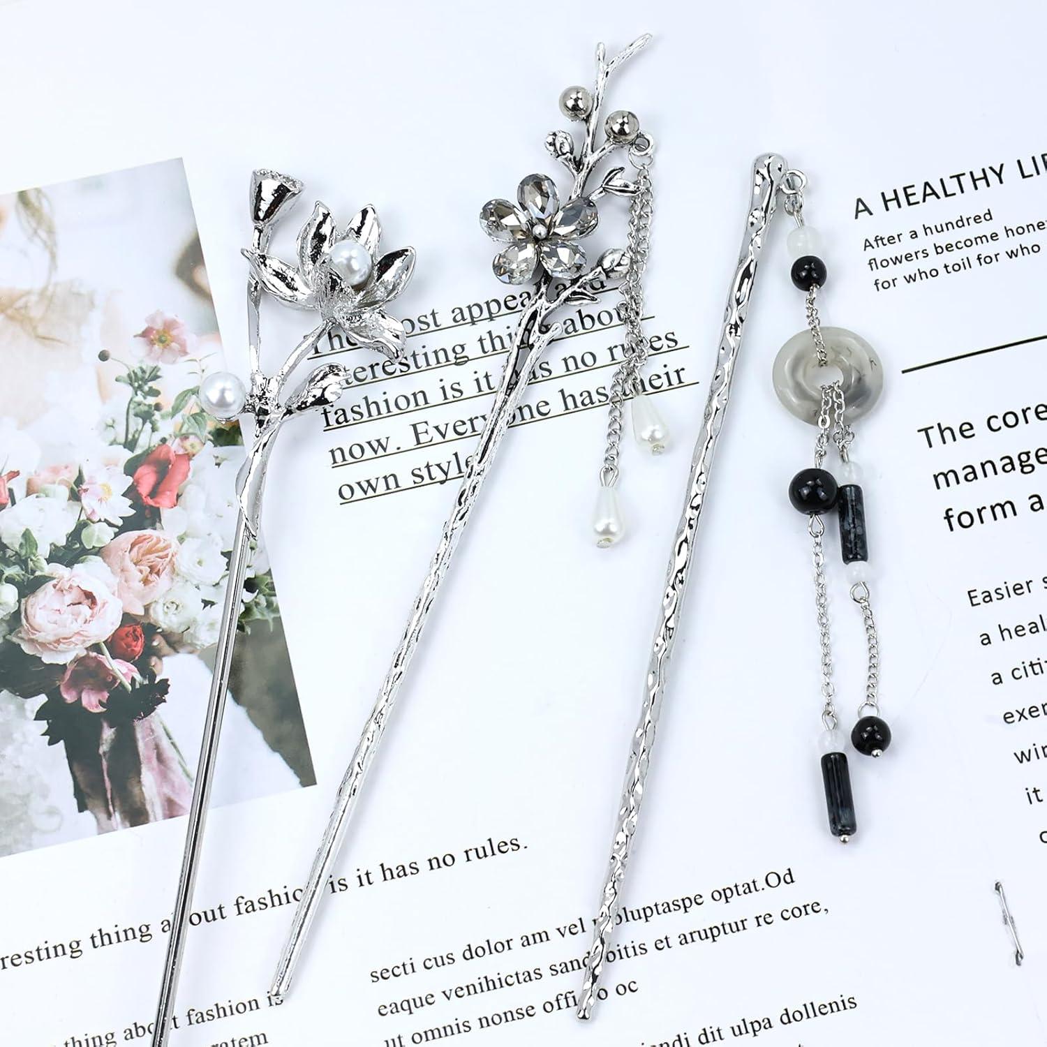 8 PCS Retro Vintage Traditional Hanfu Silvery Metal Flower Hair Sticks with Bead Pendants Bamboo for Lotus Long Hair Chopsticks Forks Bun Updo Holders Hairpins