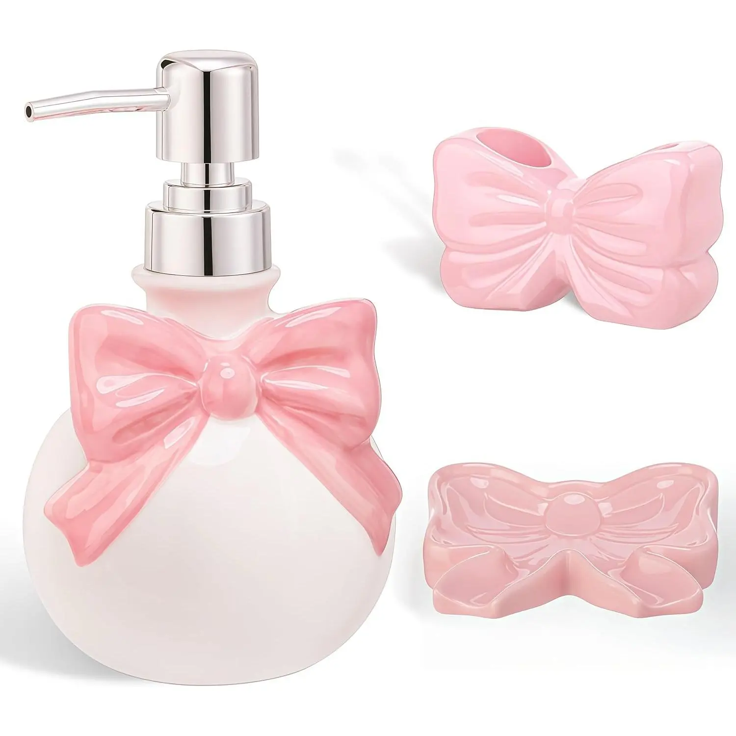 Pink Bow Ceramic Bathroom Accessories Set 3 Pcs for Countertop, Soap Dispenser, Toothbrush Holder, Soap Holder, Bathroom Sink Decor for Modern Home Decor