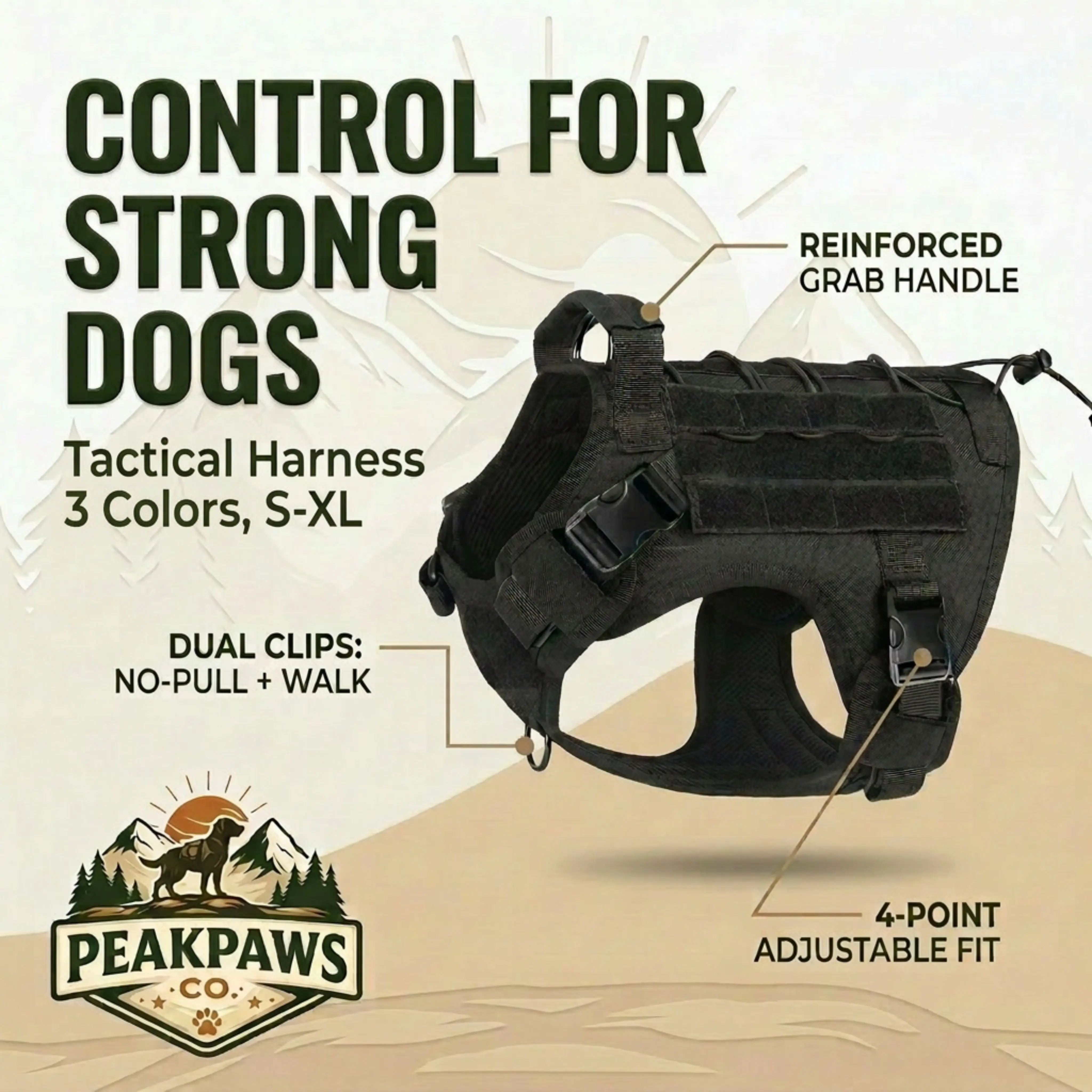 Tactical Nylon Dog Harness - 4-Point Adjustable Secure Fit, Reinforced Grip for Controlled Walks, All-Season Collars & Harnesses for Exploring, Camping