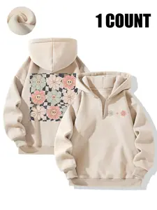 Women's Floral Print Thermal Lined Hoodie, Graphic Print Hoodie, Fashion Casual Drawstring Pocket Hooded Sweatshirt, Casual Cozy Sweatshirt for Daily Holiday Outdoor Wear, Women Clothing for Fall & Winter, Tops