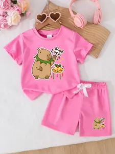 Capybara Girls' Summer 2-Piece Set - Short Sleeve Tee & Shorts Outfit | Soft & Comfortable Everyday Playwear for School, Parties & Outdoor Activities | Multi-Color Options, Ideal Holiday & Birthday Gift