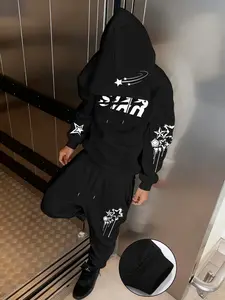 Men's Autumn Winter Starry Print Set with Fleece Hoodie and Elastic Waist Pants, Comfortable Streetwear Casual Wear for Work and Leisure