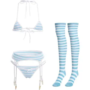 Women Cute Kawaii Anime Lingerie set Halter Strap Micro Bra Tiny Panty Garter Belt Striped Stockings 4Pcs Underwear