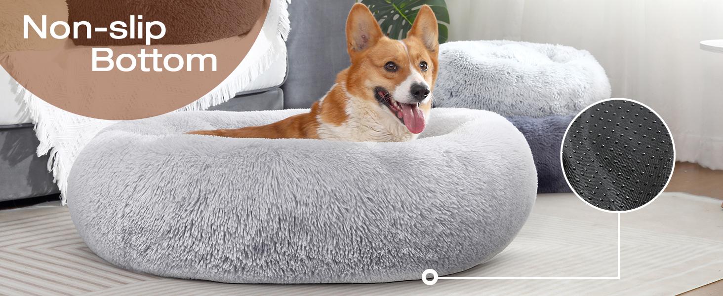 JOLLYVOGUE Small Dog Bed, Calming Soft Anti-Anxiety Donut Cat Bed, Washable Round Fluffy Cushion for Small and Medium Pets (20")