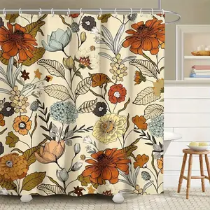 Floral Print Removable Shower Curtain with 12 Hooks, Waterproof Bathroom Curtain, Bathroom Decor Supplies for Home Hotel Salon Dormitory, Bathroom Decoration Accessories
