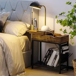 Industrial End Table with Charging Station and Flip Top