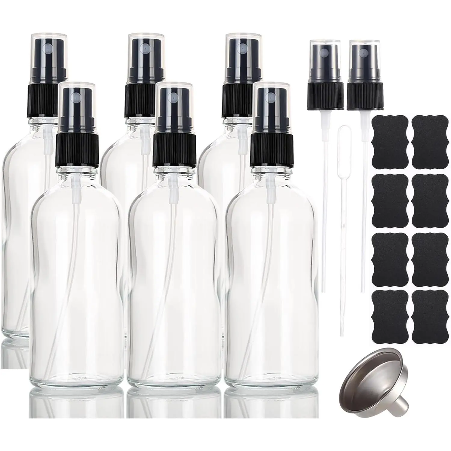 3.4 oz Glass  Bottles,Empty Fine Mist Refillable Travel  Bottle for Cleaning,Perfume,, Sprays,Hair,Essential Oils with Fine Mist Dispenser(6 Pack)