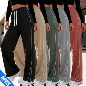 5-pack women’s solid color striped straight-leg athletic pants—versatile for everyday wear, workouts, fitness, and commuting.