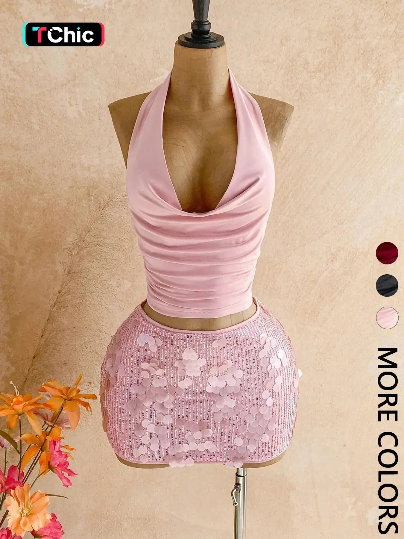 2026 Women's Elegant Halter Neck Top Sequin Rhinestone Mini Skirt Two-Piece Set Party Glamorous Special Occasion Outfits
