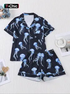 2 pieces of women's blue jellyfish print short sleeved shorts, comfortable lapel pajama set Fitted knitted top, pocket elastic waistband, suitable for all seasons casual classic home wear, Loungewear, Pjs