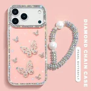 3D Diamond Chain Protective Phone Case For iPhone 17 Air 16 15 14 13 Pro Max 16 Plus 16E Glitter Butterfly Cover Accessories Casing Smartphone Protection