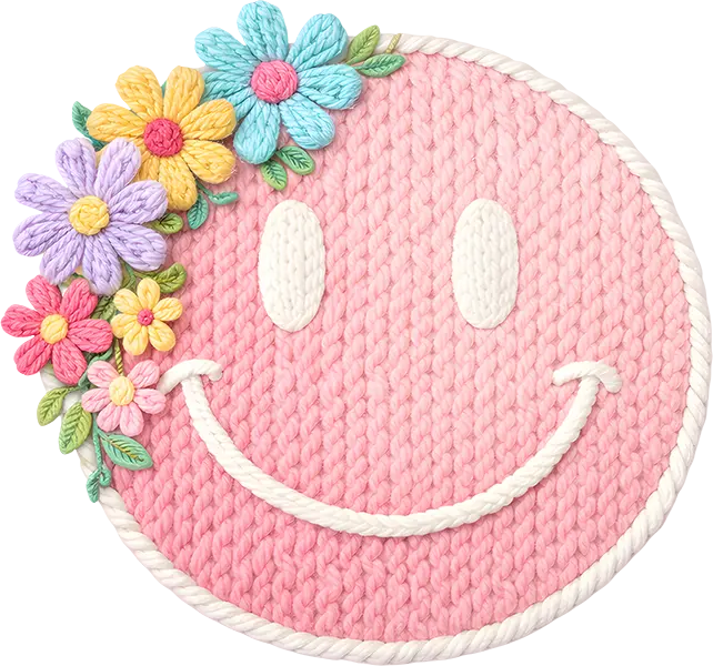 DTF Transfer – ER Yarn Flower Smiley Face Multi Sizes
