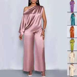 Women's Off-Shoulder Two-Piece Lounge Set – Long Sleeve Top & Wide Leg Pants