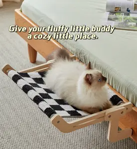 Wooden Cat Window Perch - Adjustable Bedside Cat Hammock, Hook-On No Suction Cups Cat Sill Bed,Space Saving, Perfect for Sunbathing & Napping,No Suction Cups