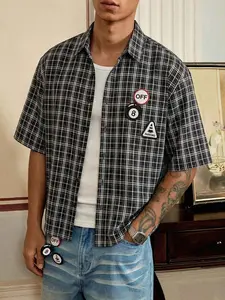 Men's Black White Plaid Oversized Short Sleeve Button Down Shirt, Y2K Vintage Checkered Collared Top, Casual Streetwear for Daily, Summer, Menswear #springsaledeals2026 #summeroutfits #tiktokshopmademebuyit #menfashion