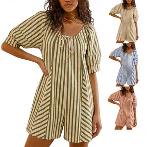 Kingapril Women Summer Casual Oversized Striped 3/4 Puff Sleeve Mini Romper Dress One Piece Jumpsuits 2026 Beach Vacation Outfits