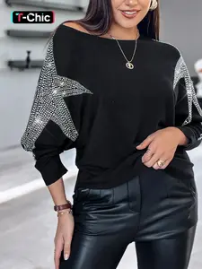 Women's Rhinestone Star Decor Batwing Sleeve Sweater, Casual Long Sleeve Jumper for Fall & Winter, Fashion Ladies' Knitwear for Daily Wear