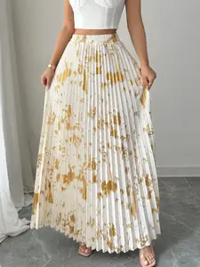 Elegant High-Waisted Pleated Midi Dress Skirt for Women, Non-Elastic Fabric, All-Season Versatile Cute Chic Style, Casual & Formal Wear