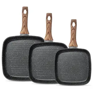 3 Piece Nonstick Grill Pans – Square Frying Pans Set for Indoor, Outdoor, RV & Camping Cooking – Removable Heat-Resistant Handle, PFOA Free Skillet with Stay Cool Handle