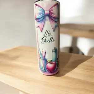 Ms. Goette Teacher Appreciation Tumbler with Pink Bow and Stationery Design, Ideal for School Supplies and Coffee - Bottle, Drinkware