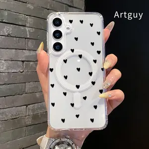 Magnetic Soft Case for  Samsung Galaxy S23 Ultra S24 Plus FE S25 S22+ Hearts in Flurry Pattern Anti-Yellowing Shockproof ultra-thin Silicone Crystal Transparent Acrylic Large Hole Cover Supports Wireless Charging