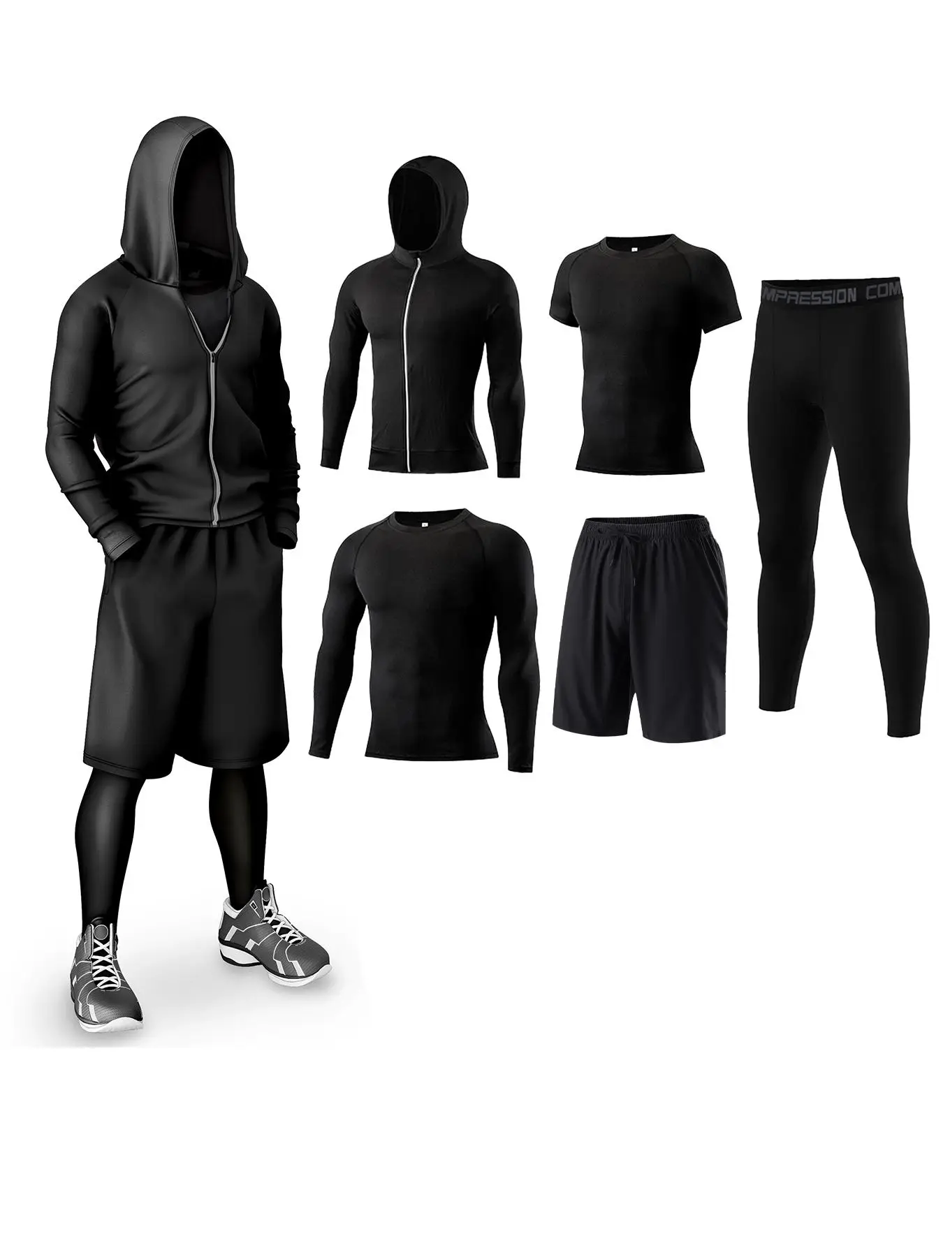 Men's Solid Tracksuit Set, Sporty Zipper Hooded Jacket & Top & Short Sleeve Tee & Letter Tape Waist Leggings & Drawstring Shorts, Casual Summer Outfit