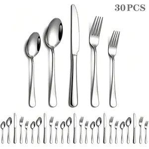 Stainless Steel Silver Cutlery Set, 30-piece 6-Person Silverware Dinnerware Service Set, Modern Tableware Sets, Mirror-Polished and Dishwasher-Safe, Perfect for Gifts, Parties, Home and Restaurant Use