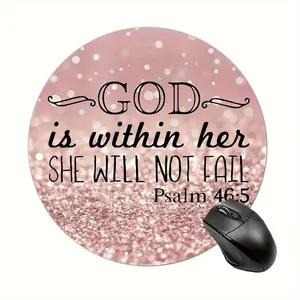 1pc Inspirational Round Mouse Pad, Pink Glitter Design with "God Is Within Her" Quote, Perfect for Office, Laptop, or Home Use, Office Mouse Pad | Decorative Mousepad | Stable Desk Mat Size 20X20cm