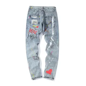 Men's Graffiti Print Ripped Jeans – Korean Streetwear Distressed Denim Pants