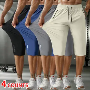 Men's Breathable Ice Silk Sports Pants 7/8 Length Pack of 4 - Moisture Wicking Quick Dry Lightweight Loose Fit with Reflective Cuffs, Pockets & Drawstring Perfect for Outdoor Hiking Travel Summer Casual