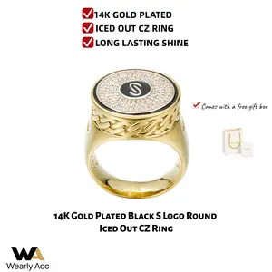 14K Gold Plated Iced Out CZ Signet Ring for Men, Perfect Gift, Size 6-12