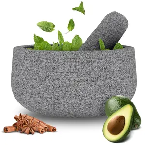 Portable Mortar and Pestle Set 6.5 Inch 3.5-Cup Unpolished Granite Molcajete Manual Stone Grinder Bowl for Grinding Spices and Avocado Sauce