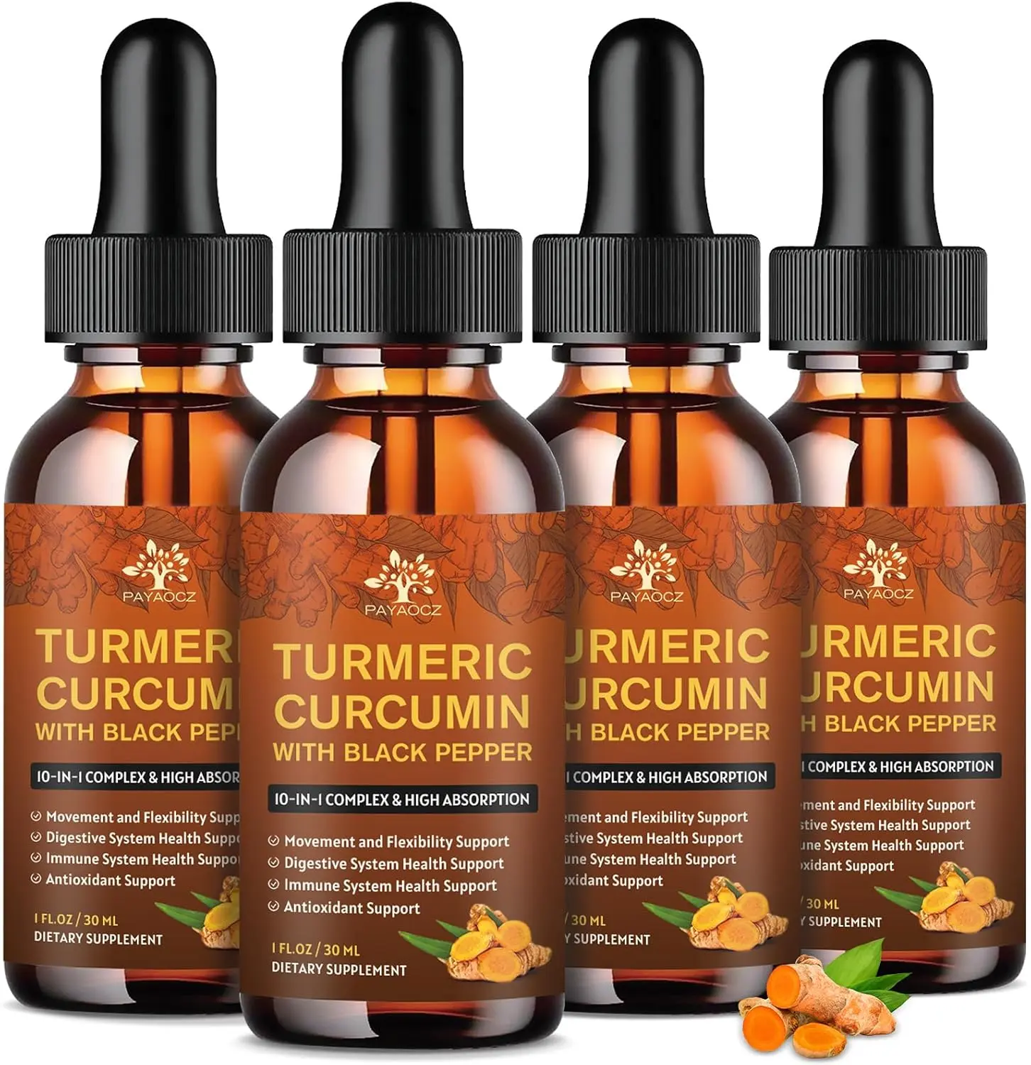 (4 Pack) Organic Turmeric Curcumin Supplement with Black Pepper and Ginger - Liquid Turmeric Extract Drops with Cinnamon, Rosemary - Mobility and Flexibility Support and Digestive Health - 1 Fl Oz