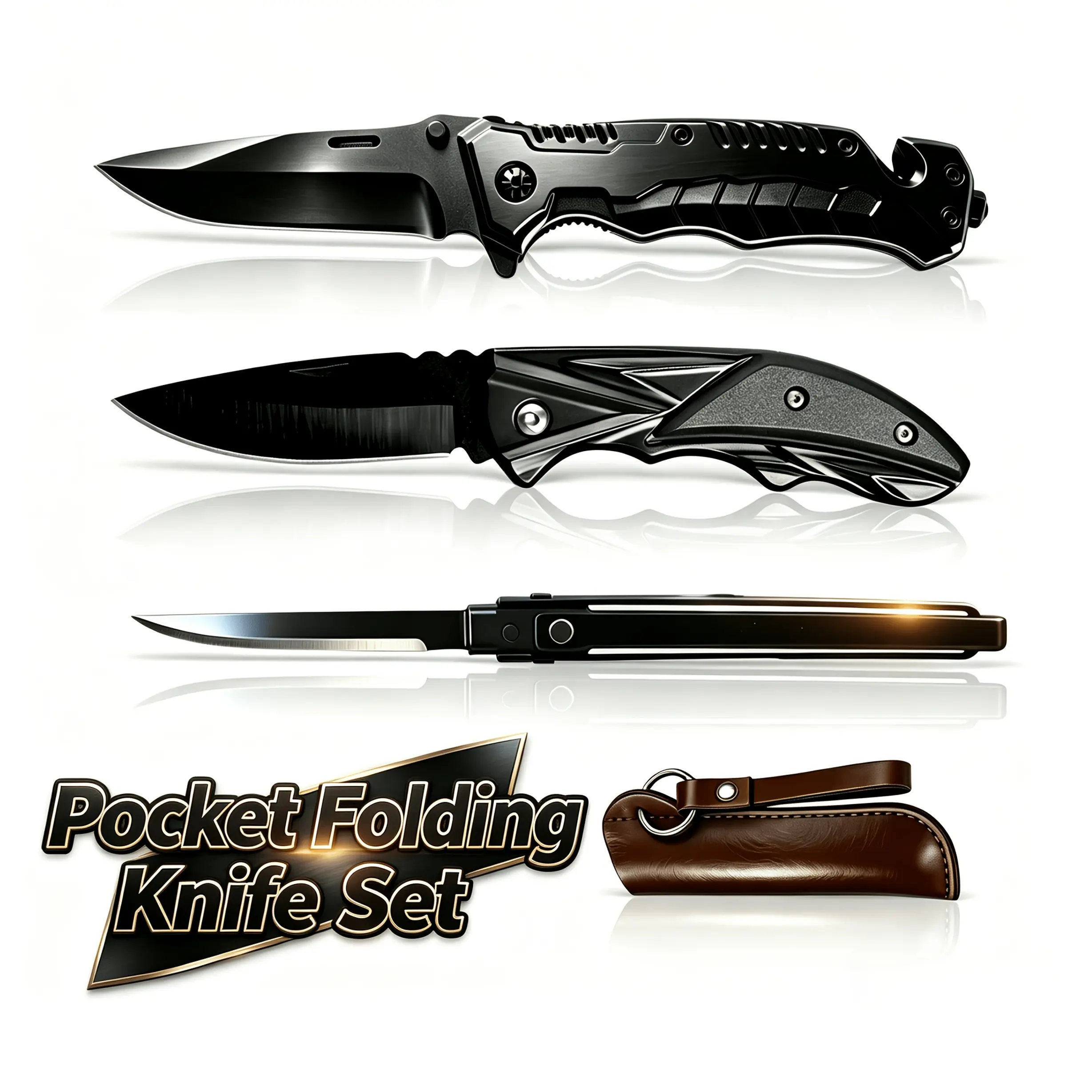 EDC Folding Pocket Knife Set, Survival Gear Kit, Sturdy Blade, Compact & Lightweight, Back Clip, Textured Grip, for Craft, Outdoor, Versatile Survival Tool, Survival Gear and Equipment, Ideal Gift for Men 3pcs with a Leather Sheath