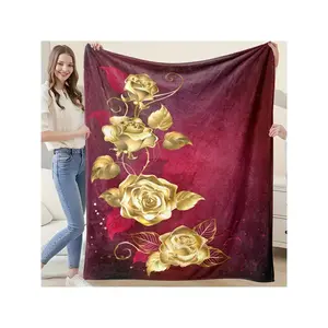Elegant Golden Rose & Red Leaf Burgundy Plush Throw Blanket