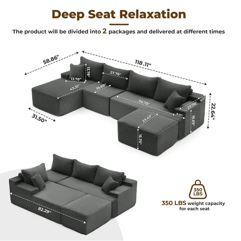 【1-2 Packages】118" U Shaped Boneless Sectional Sofa bed with 2 Pillows, 6-Seater Oversized Modular Couch, Comfy Corduroy Cloud Sofa with Deep Seat, Fluffy Cozy Sofa for Living Room, No Assembly Required 【1-2 Packages】118" U Shaped Boneless Sectional Sofa bed with 2 Pillows, 6-Seater Oversized Modular Couch, Comfy Corduroy Cloud Sofa with Deep Seat, Fluffy Cozy Sofa for Living Room, No Assembly Required