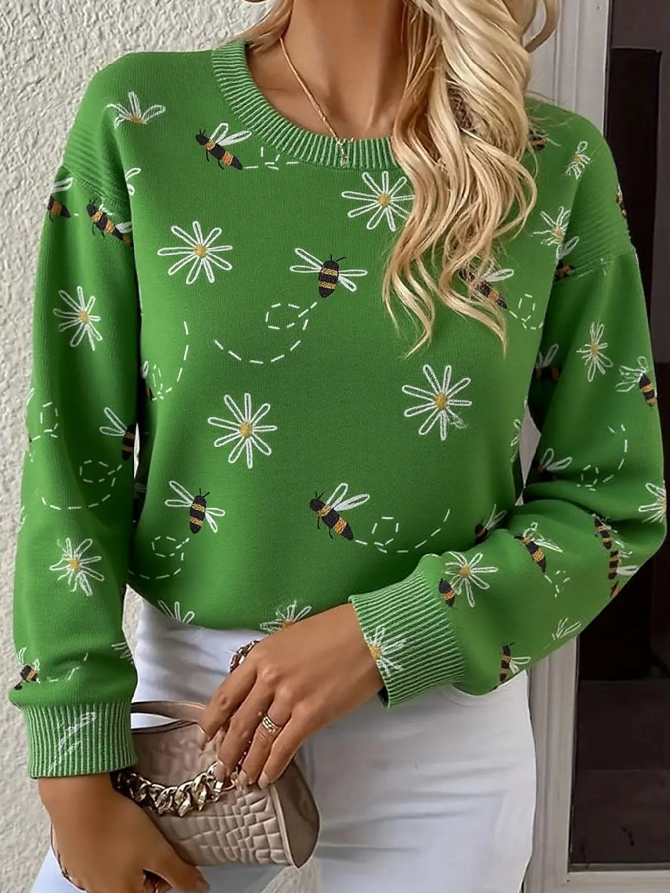 New Bee Daisy Print Round Neck Sweater, Women's Loose Casual Knitwear, Fashion Cute Style Daily Wear Top