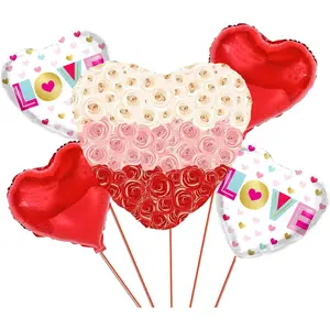Love Theme Heart Balloon Bouquet Set of 5, 3 Styles Heart-Shaped Decor, Heart Shaped Balloons for Anniversary, Birthday Party, Wedding, Room Decoration