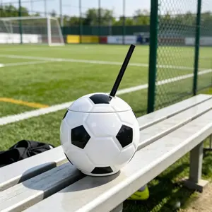 Football Shape Straw Cup 600ML, Large Capacity Checkered Ball Water Cup, Leak-Proof Lid, Portable Soccer Theme Party Accessory