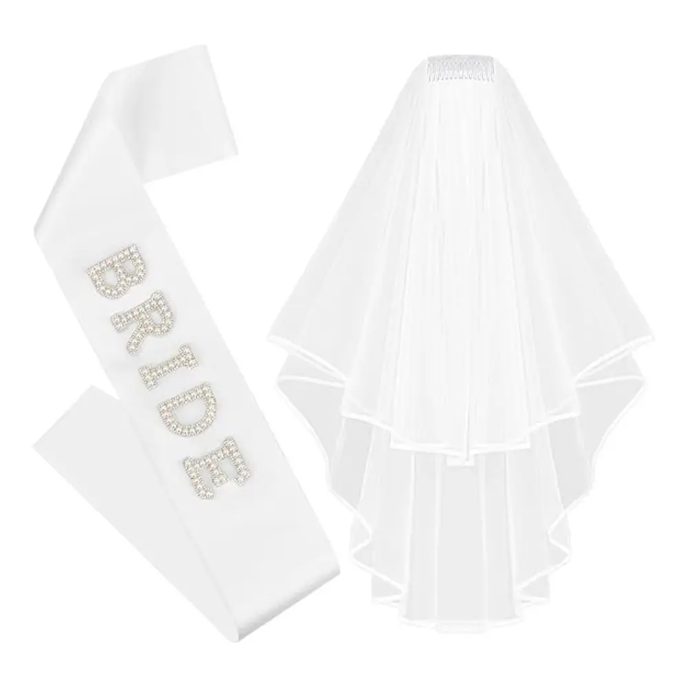 Elegant Wedding Decoration Set, Bride Shoulder Straps & Veil, Trailing Veil, Face Veils, Faux Pearl Letter Design, Shiny Satin Fabric, Perfect for Engagement Parties