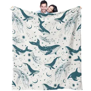 Starry Sky & Whale Pattern Flannel Throw Blanket, Lightweight All-Season Warm Blanket, Aesthetic Gift for Home Decor, Ideal for Living Room